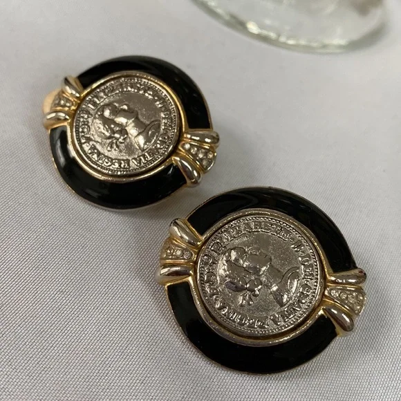 Oversized Vintage 80’s coin style enameled earrings - Picture 5 of 7